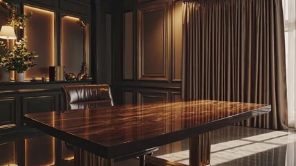 The video showcases a luxurious office space featuring a rich, polished wooden table surrounded by elegant decor and soft lighting. The atmosphere exudes sophistication and comfort.