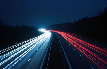 Night road with motion blurred light trails. Cars drive fast at dark highway. Modern transportation with high speed traffic on motorway. Business and logistic solutions for urban city.