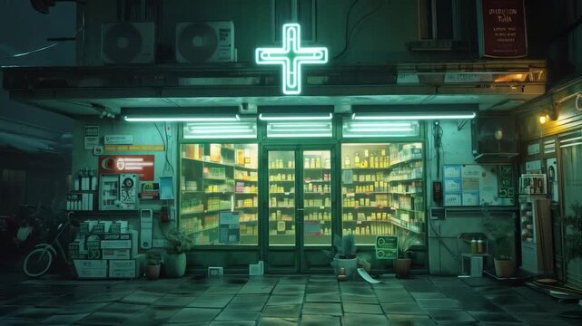 A night pharmacy with a bright cross and illuminated windows symbolises the availability of medical care at any time &mdash; a suitable backdrop for social campaigns on healthcare or urban initiatives.
