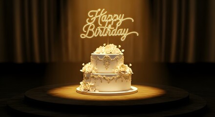 Birthday cake celebration luxury dessert white gold tiered wedding anniversary event party neon sign topper