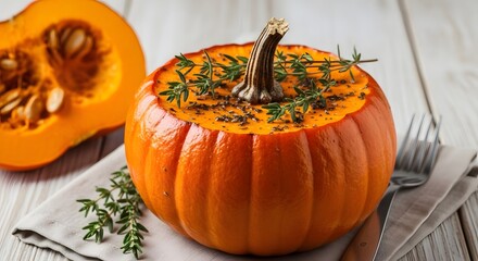 Pumpkin soup served inside a small hollowed pumpkin garnished with thyme on a rustic wooden table beside a cut squash half