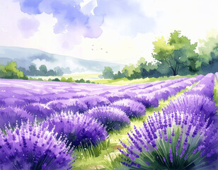 A watercolor painting of a lavender landscape, with vibrant purples and greens blendi
