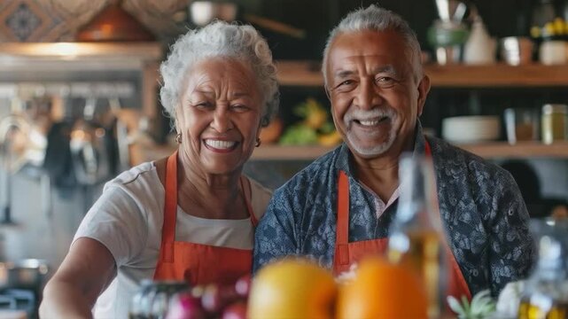 A cheerful elderly couple wearing kitchen aprons radiate the warmth of family comfort &mdash; the perfect backdrop for advertising cooking classes or household products.
