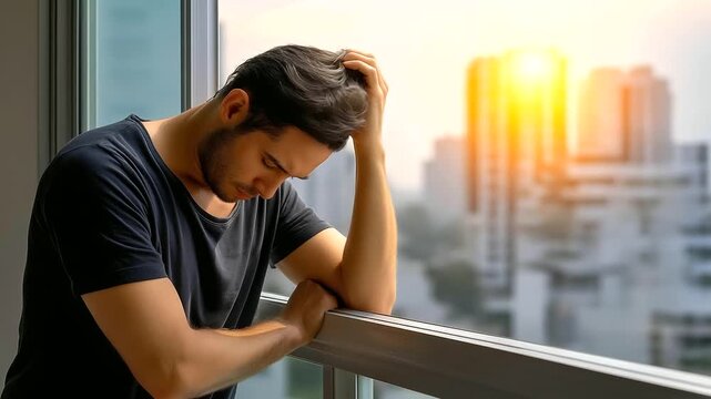 A person trying to install an AC unit in a window, sweating profusely. Summer heatwave atmosphere, heat haze.