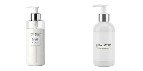 Set of cosmetic bottles on white background