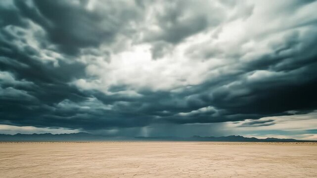Dramatic storm clouds hover over desert landscape with empty horizon