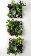 Vertical decor with succulents on a white wall