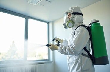 Worker in white hazmat suit, full-face respirator, protective gloves sprays disinfectant liquid chemical. Person uses backpack tank sprayer to sterilize office workspace environment. Pro cleaner