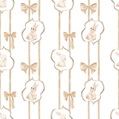 Watercolor seamless children's pattern. Children's theme. Print for fabric, pajamas. Newborn. Cute animals, geese, rabbits. Baby shower. Green neutral print. Watercolor texture.