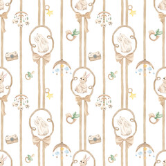 Watercolor seamless children's pattern. Children's theme. Print for fabric, pajamas. Newborn. Cute animals, geese, rabbits. Baby shower. Green neutral print. Watercolor texture.