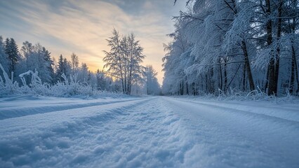 Fototapeta premium A snowy forest road at sunrise, with frost-covered trees lining the path, soft pastel sky, and fresh snow creating a calm, cold winter landscape.