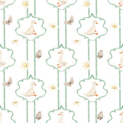 Watercolor seamless children's pattern. Children's theme. Print for fabric, pajamas. Newborn. Cute animals, geese, rabbits. Baby shower. Green neutral print. Watercolor texture. © Олена Кібець