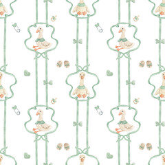 Watercolor seamless children's pattern. Children's theme. Print for fabric, pajamas. Newborn. Cute animals, geese, rabbits. Baby shower. Green neutral print. Watercolor texture. © Олена Кібець