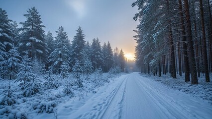 A snowy forest road at sunrise, lined with tall pine trees covered in frost, creating a peaceful winter landscape under a soft glowing sky.