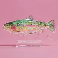 Colorful fish sculpture on pink background in minimalist display