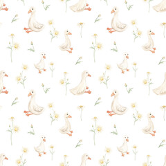Watercolor seamless children's pattern. Children's theme. Print for fabric, pajamas. Newborn. Cute animals, geese, rabbits. Baby shower. Green neutral print. Watercolor texture.