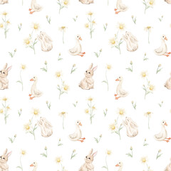 Watercolor seamless children's pattern. Children's theme. Print for fabric, pajamas. Newborn. Cute animals, geese, rabbits. Baby shower. Green neutral print. Watercolor texture.