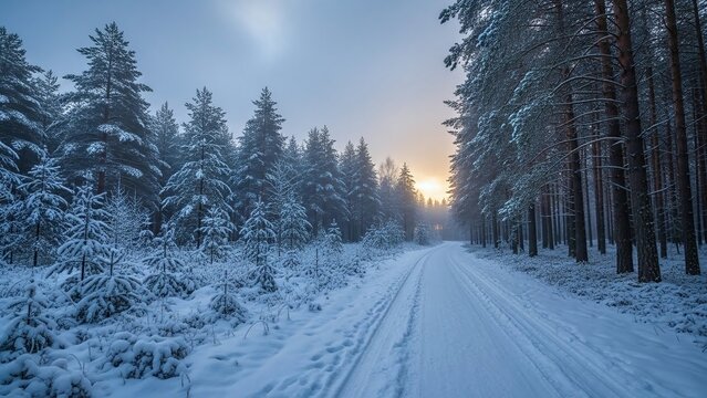 A snowy forest road at sunrise, lined with tall pine trees covered in frost, creating a peaceful winter landscape under a soft glowing sky. - Powered by Adobe