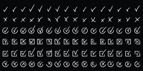 Hand drawn check and cross icons set in circle and square outline checklist marks vector illustration. Check tick mark icon set. Cross box x check mark checkbox v list vector draw hand drawn sketch  © Hike Studio 786