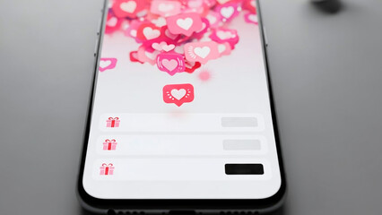 Smartphone screen displaying floating heart icons and social media notifications, symbolizing likes, engagement, digital love, and online interaction on a modern mobile app interface.