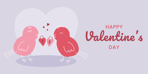 Cute background for Valentine’s Day with hand drawn doodle love birds and heart lock elements. 