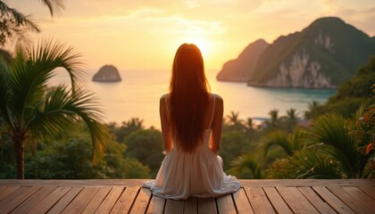 Young woman in white dress watches sunset from wooden balcony. She gazes at ocean, islands and palm trees. Tranquil tropical vacation scene.