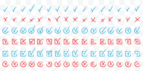 Hand drawn check and cross icons set in circle and square outline checklist marks vector illustration. Check tick mark icon set. Cross box x check mark checkbox v list vector draw hand drawn sketch  © Hike Studio 786
