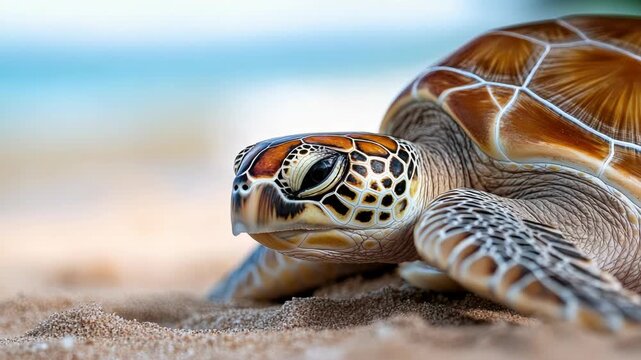 close up of turtle laying eggs on ocean shore,copy space
