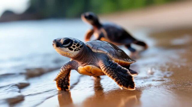 baby turtles hatched from eggs on the ocean shore, wildlife conservation concept