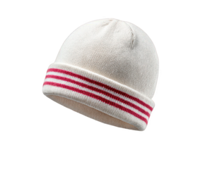 A white knit beanie with red stripes on transparent background
