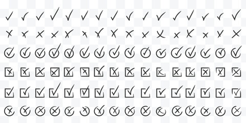 Print Check tick mark icon set. Cross box x check mark checkbox v list vector draw hand drawn sketch doodle brush marker checklist symbol wrong right circle. Green checkmark marker icon. brush marker 