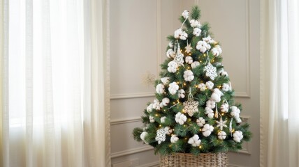 Refined holiday decor setup with handcrafted tree styling, ambient glow, and a tranquil winter palette, ideal for seasonal branding.