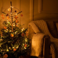 Serene holiday ambiance scene showcasing cozy textures, natural materials, and a tranquil indoor festive atmosphere.