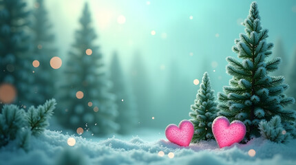 Obraz premium Two pink hearts nestled in a snowy winter forest symbolizing love and romance during the holiday season with soft bokeh lights