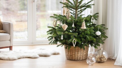 Serene Scandinavian-inspired Christmas scene showcasing natural materials, cozy textures, and a tranquil indoor holiday atmosphere.