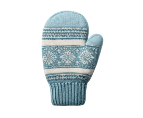 A blue and white knitted mitten with a snowflake pattern on transparent background