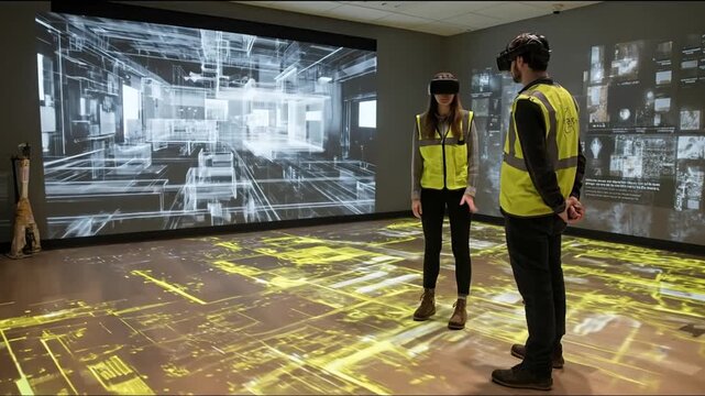 Two people wear VR headsets in a room with projected architectural visualizations