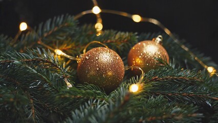 A festive close-up of sparkling gold ornaments resting on fresh green pine branches