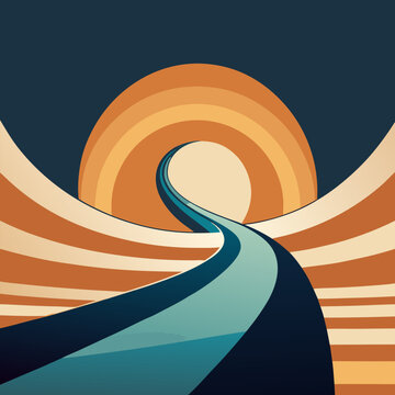 Stylized winding road leading towards a retro sunset with abstract waves