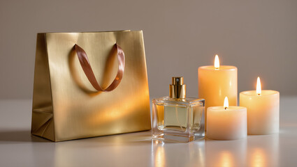 Elegant gift composition with golden bag, luxury perfume bottle, and glowing candles on neutral background. Romantic and refined celebration atmosphere.