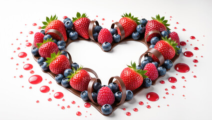 Heart-shaped chocolate decoration with fresh strawberries, blueberries and raspberries on white background with red syrup drops. Dessert concept.
