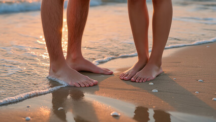 Valentine's Day moment at the beach with barefoot couple standing close at the shoreline during sunset. Romantic summer vibe. Love and intimacy theme.