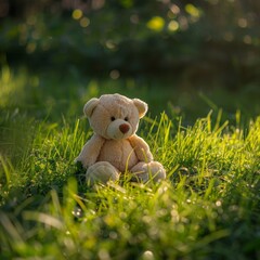 realistic photo of a plush toy sitting on fresh green grass, spring atmosphere, outdoor mood