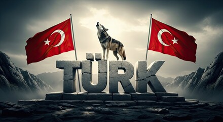 Symbol of Heritage: Majestic Turkish flags flutter in a windswept landscape, flanking the word TÜRK, with a howling wolf, symbolizing national pride and strength.