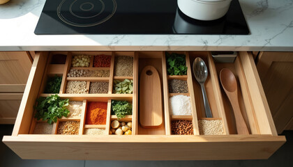Opened kitchen drawer with wood organizer. Various spices herbs seeds and cooking utensils neatly stored. Clean tidy culinary storage creates efficient food prep.