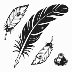 Obraz premium Set of Bird Feather. Feathers vector set in a flat style. Pen icon. Black quill feather silhouette. Plumelet collection isolated on white background