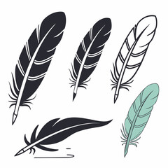 Obraz premium Set of Bird Feather. Feathers vector set in a flat style. Pen icon. Black quill feather silhouette. Plumelet collection isolated on white background