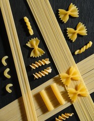  Flat lay of raw pasta noodles.