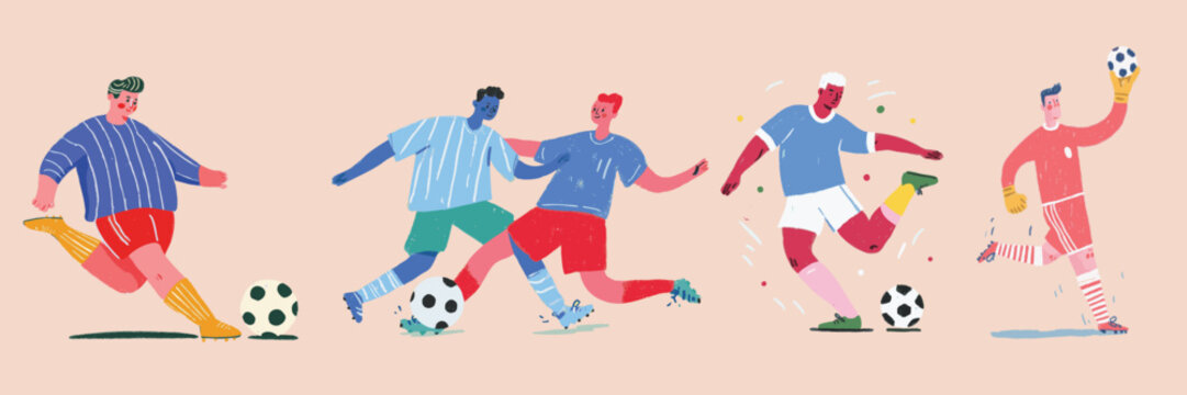 Colorful illustration of footballers playing soccer match with goalkeeper and team action scenes