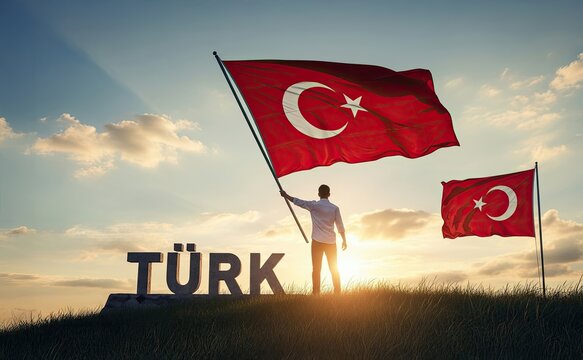Pride in Turkey: A person stands with a waving Turkish flag against the backdrop of a vibrant sunset, embodying national pride and cultural heritage. The scene features the country's name, 'T&Uuml;RK'.